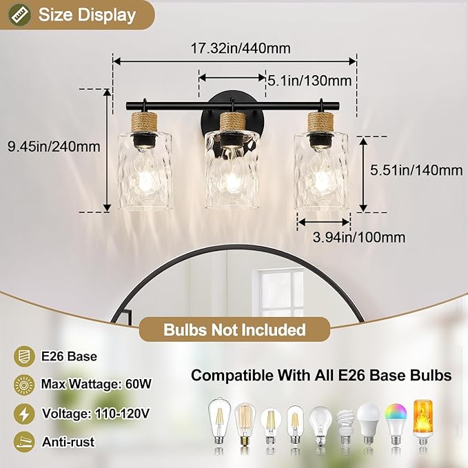 2025 Upgrade Bathroom Light Fixtures, 3-Light Coastal Vanity Lights with Crystal Glass Shade, Black Bathroom Wall Lamp for Mirror Kitchen Hallway Cabinet