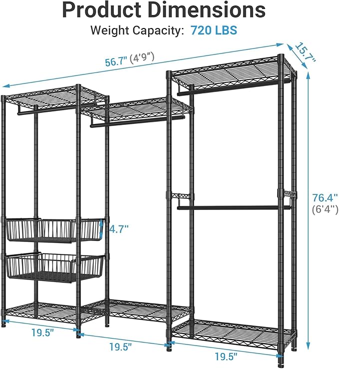 VIPEK V10 Medium Wire Garment Rack Heavy Duty Clothes Rack, Freestanding Closet Wardrobe Metal Clothing Rack with 2 Slid Baskets, 56.7" L x 15.7" W x 76.4" H, Max Load 720lbs, Black