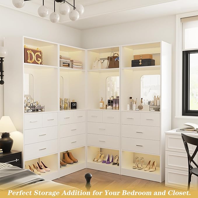 Unikito 50 Inch Closet System with Drawers, 4FT Wood Closets Organizer with Mirror Design, Freestanding Heavy Duty Walk in Closet Towers for Bedroom, Max Load 1000 LBS, Easy Assembly, White