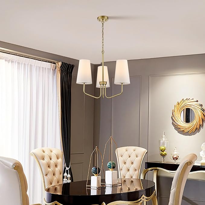 Modern Gold 3-Light Chandelier with Fabric Shade Chandelier E26 Pendant Light for Living Room, Entryway, Living Room,Bedroom Adjustable