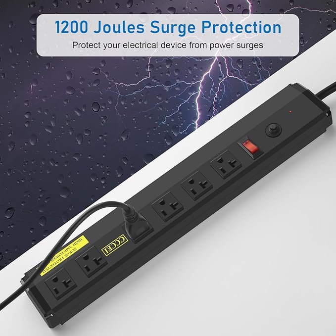 CCCEI Heavy Duty Power Strip Surge Protector 20 Amp, High Amp Industrial Shop Garage Metal Multiple Outlets, 12 FT 12 Gauge 5-15P Extension Cord 6 Outlet 6-20R T-Slot 20a for Appliance, Black.