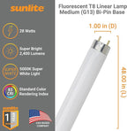 Sunlite F28T8/SP850 4 Foot T8 Linear Fluorescent Lamp, 28 Watts, 2400 Lumens, 5000K Daylight, Medium G13 Bi-Pin Base, High Performance Straight Tube, 30 Pack