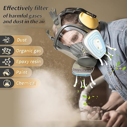 Reusable full Face Cover, Full Face Respirator Mask, Organic Vapor Gas Mask with Activated Carbon Filters Anti-fog Gas Cover Against Dust Fume for Painting, Polishing, Welding, Staining, Cutting