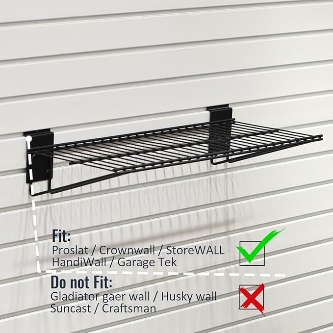 Slatwall Shelves, 24" x 11.4" Heavy Duty Metal Tool Storage Slat Wall Accessories Shelf Mesh Storage Rack for Garage, Workshop, Basement and Kitchen, Max Load 50 lbs (Black,2 Pack)