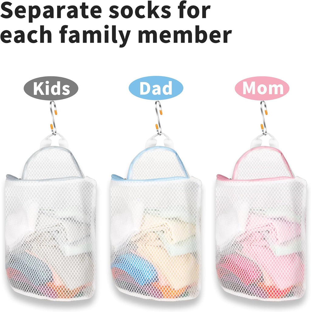 3Pcs Hanging Laundry Bags for Socks with S Hooks, 3 Color Mesh Laundry Bags for Washing Machine