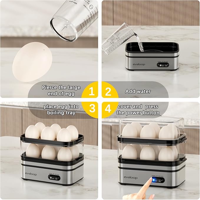 Evoloop Rapid Egg Cooker Electric 12 Eggs Capacity, Soft, Medium, Hard Boiled, Poached, Omelet Maker Egg Poacher & Vegetable Steamer, BPA Free Tray
