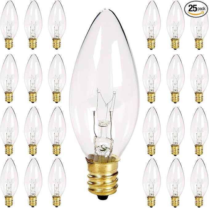 25 Pack Candle Light Bulbs, C26 Clear Torpedo Tip Candelabra Replacement Bulbs, 7 Watt Night Light Bulbs for Chandeliers, Electric Candle Lamp, C7/E12 Base