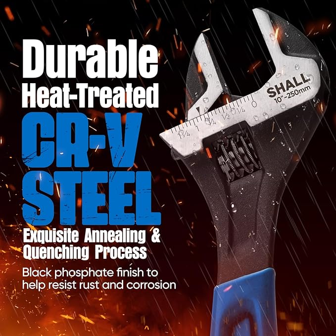 SHALL 3-Piece Adjustable Wrench Set, 10/8/6 Inch Cr-V Steel Wrench with Cushion Grip, Wide Jaw Black Oxide Wrench with Laser-etched SAE Scales for Home, Garage, Workshop and DIY, Dark Blue