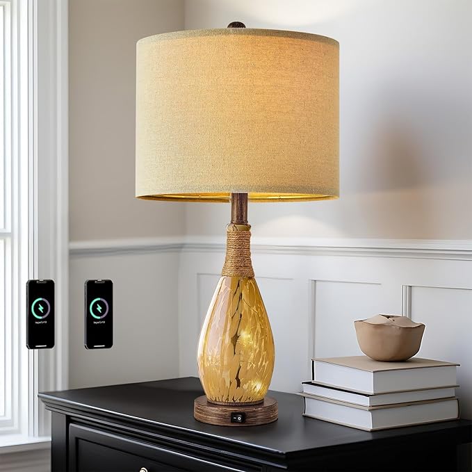 OYEARS 23" USB A+C Table Lamp for Bedroom Living Room Modern Bedside Lamps Retro Farmhouse Rattan Glass Nightstand Nightlight Lamps (Amber),Two Light Points