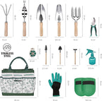 Bluemars Gardening Hand Tool Kit 14PCS Heavy Duty Stainless Steel Garden Tool Set with Floral Garden Tote -Outdoor Gardening Transplanting Gifts for Woman