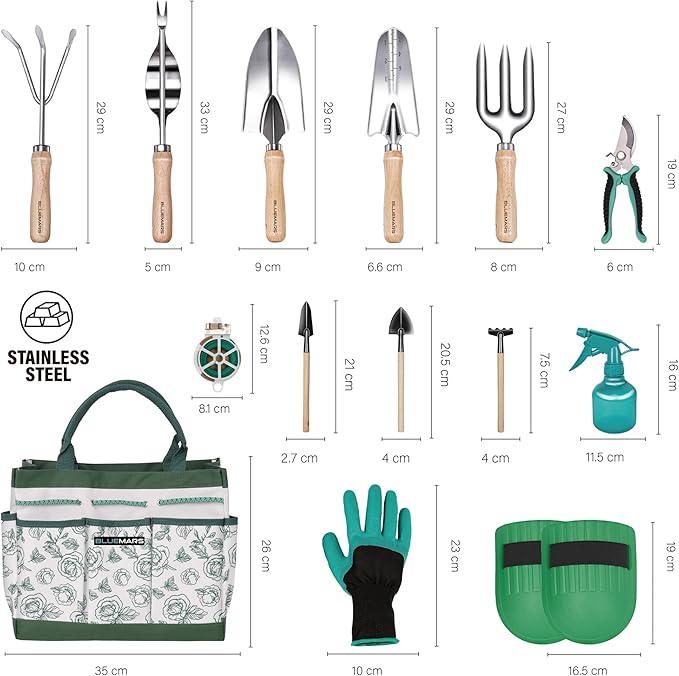 Bluemars Gardening Hand Tool Kit 14PCS Heavy Duty Stainless Steel Garden Tool Set with Floral Garden Tote -Outdoor Gardening Transplanting Gifts for Woman