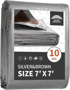 RAINDEWAY Tarps Heavy Duty Waterproof 7x7 Feet,10Mil Thick Multipurpose Poly Tarp Cover with Metal Grommets and Reinforced Edges,Silver/Brown Tarp