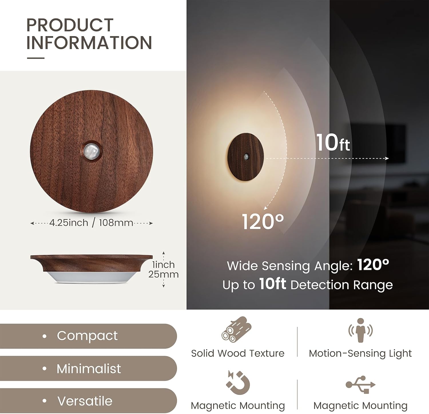 Motion Sensor Night Light Wood Rechargeable Battery-Powered Stick-On Step Lights Loftie Lights Magnetic Closet Warm Nightlight for Hallway Bedroom Stair (2 Pack Black Walnut)