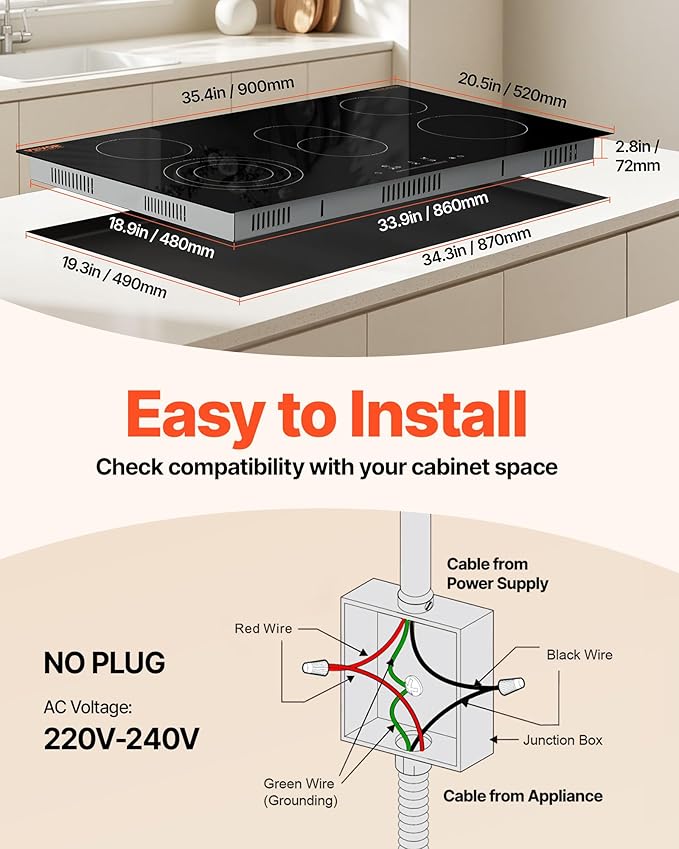 VEVOR Electric Cooktop, 36 inch 5 Burners Built-in Electric Stove Top, 8600W Ceramic Top Radiant Cooktop with Glass Panel, Touch Control, Timer, Child Lock, 9 Heat Level, 220-240V, Hard Wire (No Plug)