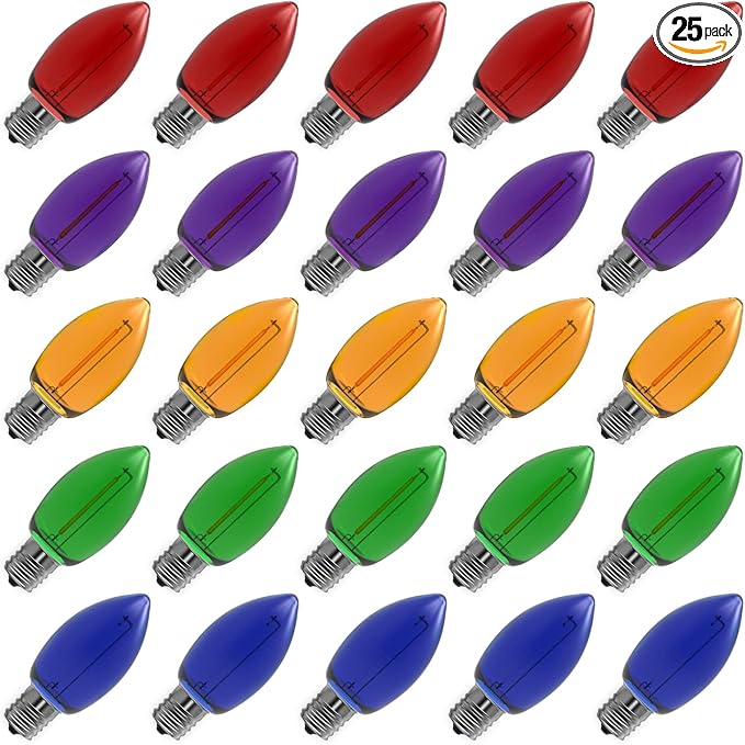 Meconard C9 Led Replacement Christmas Light Bulb, C9 Shatterproof Led Bulbs for Christmas Outdoor String Lights, E17 Intermediate Base, Commercial Grade Holiday Bulbs, Multi-Color, 25 Pack