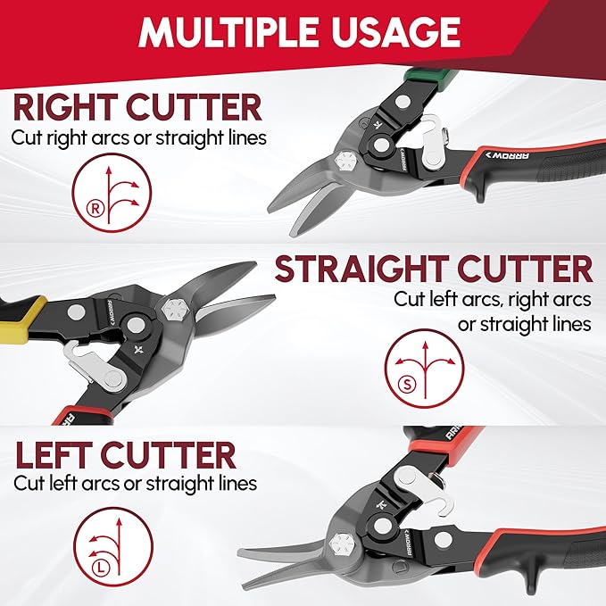 ARROW 3PCS 8-inch Tin Snips for Cutting Metal Sheet, CR-V Steel Aviation Snips, High Leverage Labor-saving Metal Cutter, Left Straight Right Cut