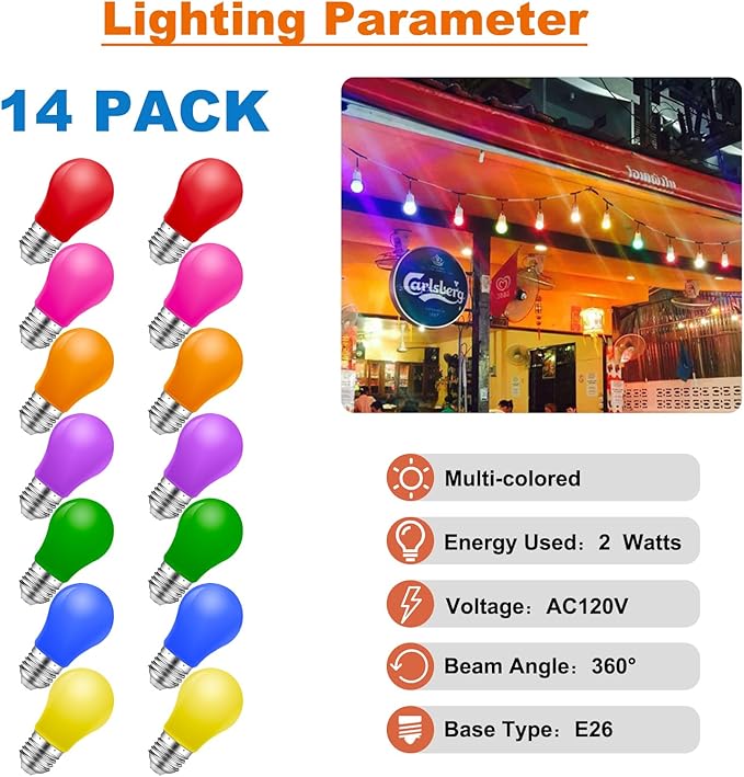 Colored Light Bulbs,2W E26 Color LED Lights Bulb,Small E26 Colored Bulbs for Outdoor Indoor,Multicolor,Red Yellow Blue Green Orange Pink Purple,for Halloween Party Christmas Bedroom,Pack of 14