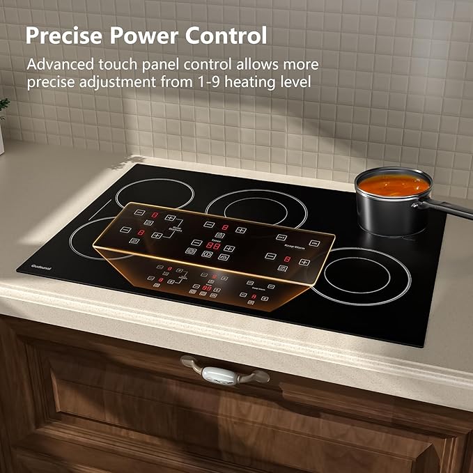 36 Inch Electric Cooktop 5 Burners, ETL & FCC Certificated, Sync Burner, Quick Boil, Keep Warm Setting, 9 Heating Level, Timer, Child Lock & Auto Shutdown, 9000W, Drop-in Electric Stove Top
