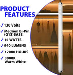 18 Inch F15T8/WW 15W Soft White Fluorescent Bulb Compatible with Philips Alto ECO GE Staco Light Fixture, T8 Fluorescent Bulb 15 Watt 3000K, 900 Lumens 6 Count