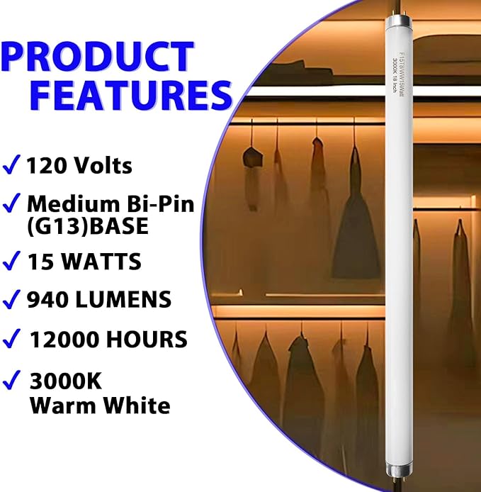 18 Inch F15T8/WW 15W Soft White Fluorescent Bulb Compatible with Philips Alto ECO GE Staco Light Fixture, T8 Fluorescent Bulb 15 Watt 3000K, 900 Lumens 6 Count