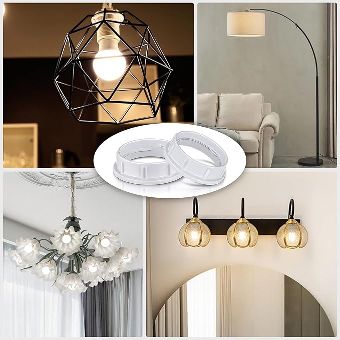 Light Socket Shade Rings,Aluminum Threaded Socket Ring for Medium Base E26 Sockets,Retaining Rings for Glass Lamp Shades Light Fixtures (4-Pack White Color/For Thread Diameter 1-1/2 Inches)