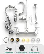 Commercial Kitchen Faucet Heavy Duty Wall Mount Sink Faucet, 8 Inch Center 25 Inch Commercial Kitchen Faucet with Pre-Rinse Sprayer （Grey） and 10 Inch Add-On Spout for 1,2,3 Compartment Sinks