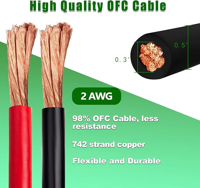 2 Gauge Battery Cable Copper Wire, 10FT Red+10FT Black 2 AWG Welding Cable Standard USA OFC Wire for Automotive, Battery, Solar, Marine and Generator
