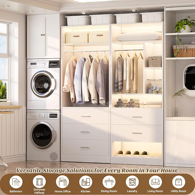 4FT Closet Systems with 5 Wood Drawers, 48 Inch Closet Organizer System with 2 Hanging Rods & 7 Shelves, Heavy Duty 48" Walk-in Closet , White (48"L x 15" W x 80" H)