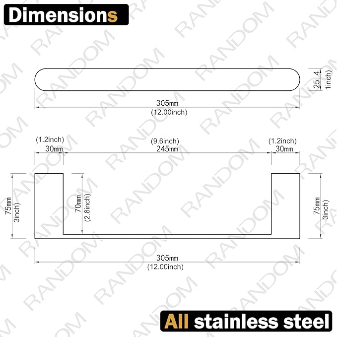 RANDOM 12 inch Matte Black Towel Bar Bathroom Hardware Accessories Modern Hand Towel Holder for Bathroom Kitchen SUS 304 Stainless Steel Towel Rack Contemporary Style Wall-Mounted.96026-2-12MB