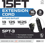 Iron Forge Cable 2 Pack 15 ft Flat Plug Black Extension Cord with 3 Outlets - 16/3 SJTW 3 Prong Indoor Extension Cord with Multiple Outlets
