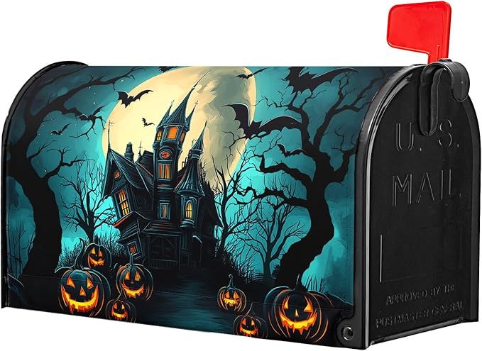 Kawani Halloween Mailbox Covers Magnetic Spooky Pumpkin Castle Bat Scary Night Happy Halloween Seasonal Holiday Post Letter Box Cover Standard Size 21x18 Inch for Garden Yard Decor