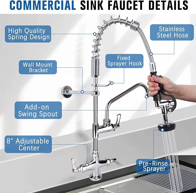 27" Height Commercial Sink Faucet Deck Mount with Pre-Rinse Sprayer, Commercial Kitchen Faucet with 10" Add-on Swing Spout Faucet & Spring Pull Down Sprayer, 8" Adjustable Center Kitchen Faucet
