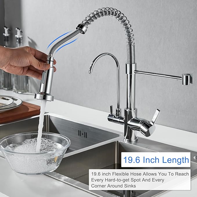 MENATT 3 in 1 Kitchen Faucet with Drinking Water Faucet, Pull Down Double Handle Filtration Kitchen Faucet Chrome (Without Water Filtration Device)