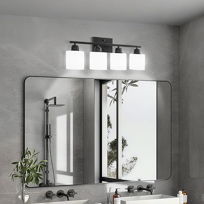 Bathroom Light Fixtures, 4-Light Modern Vanity Light with Milky White Frosted Glass Shades, E26 Socket Wall Lamp, Bathroom Lighting Fixtures Over Mirror Bedroom, Dressing Room (Matte Black, 4-Light)