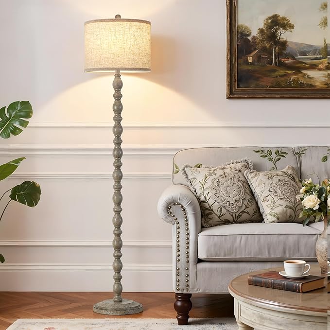 62" Floor Lamps for Living Room,3 Color Temperature Retro Standing Lamp, Vintage Farmhouse Floor Lamp with Rotary Switch, Rustic Resin Tall Lamps for Living Room, Bedroom, Office, Corner(Light Gray)
