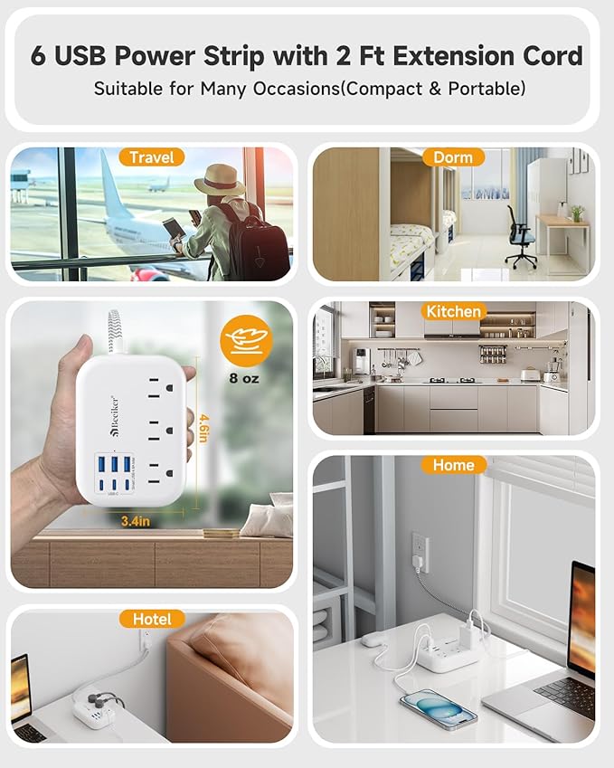 Short Extension Cord 2 Foot- 6 USB(3 USB C) Travel Power Strip with 24W USB Charging Station and 3 Outlets, 2ft Small Flat Plug Extension Cord Surge Protector for Travel Home College Dorm 13A