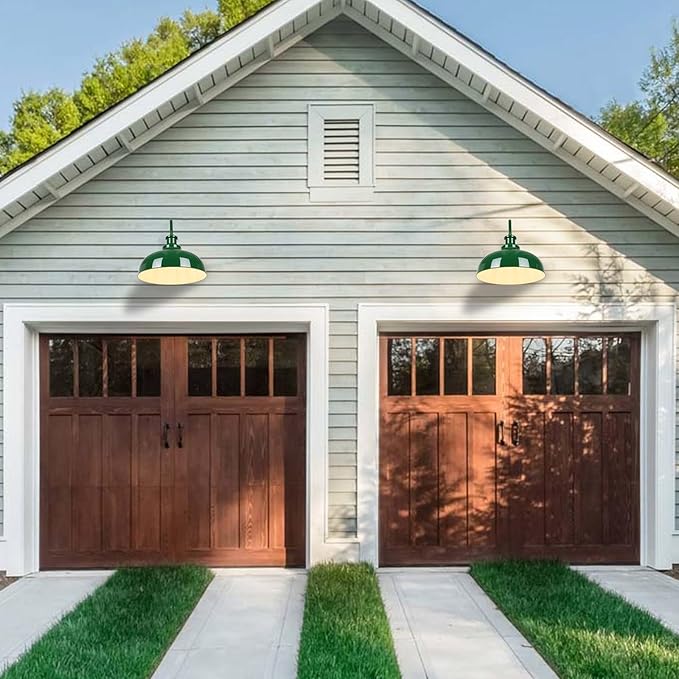 Outdoor Gooseneck Barn Lights, 16 Inch Dome Rustic Outdoor Wall Sconces, Farmhouse Exterior Wall Mount Lighting Fixture, Industrial Green Wall Lantern for Porch, Entryway, Garage, RZ007L-2 GR+WH