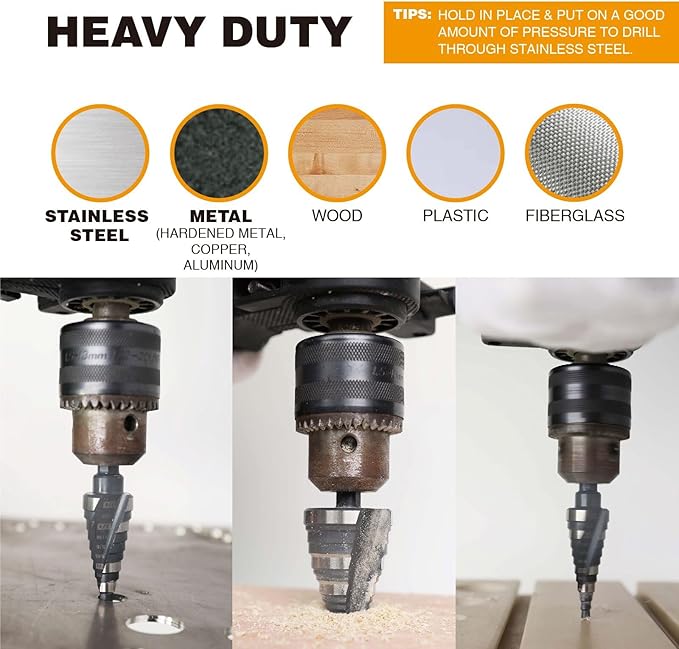 1/4 to 1-1/8 Step Drill Bit Straight Grooved Double Fluted, M2 High Speed Steel Drill bits for Hole Drilling in Stainless Steel, Copper, Aluminum, Wood, Plastic