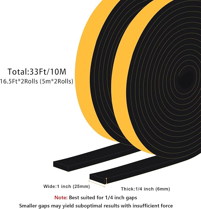 High Density Foam Weather Stripping Door Seal Strip Insulation Tape Roll for Insulating Door Frame, Window, Air Conditioner Soundproof Self Adhesive Sealing Weatherstrip(1 in x 1/4 in x 33 Ft)