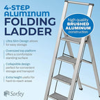 Step Ladder 4 Step Folding, Decorative - Beautiful Gray Wood & Silver Aluminum, Ultra Slim Profile, Anti Slip Steps, Sturdy-Portable for Home, Office, Kitchen, Photography Use,by SORFEY