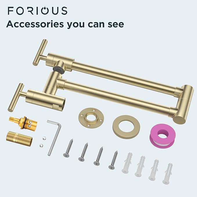FORIOUS Gold Pot Filler Faucet Over Stove, Solid Brass Modern Wall Mount Commercial Folding Faucet with Stretchable Double Joint Swing Arms for Kitchen Restaurant