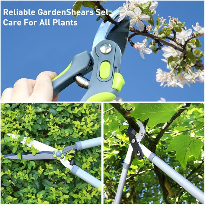 Garden Loppers Pruning Shears, Updated 3PCS Hedge Clippers Combo Set, Branch Cutter with Compound Action, Chops Thick High Branch Ease, Professional Tree Trimmer Set Heavy Duty