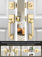 EHOMEWARE Double Front Door Handle Set, 1 Pack Satin Brass Square Door Lever, Exterior Door Knob & Deadbolt Combo, Door Lock Set for Front/Back/Office Doors, Heavy Duty Door Handle