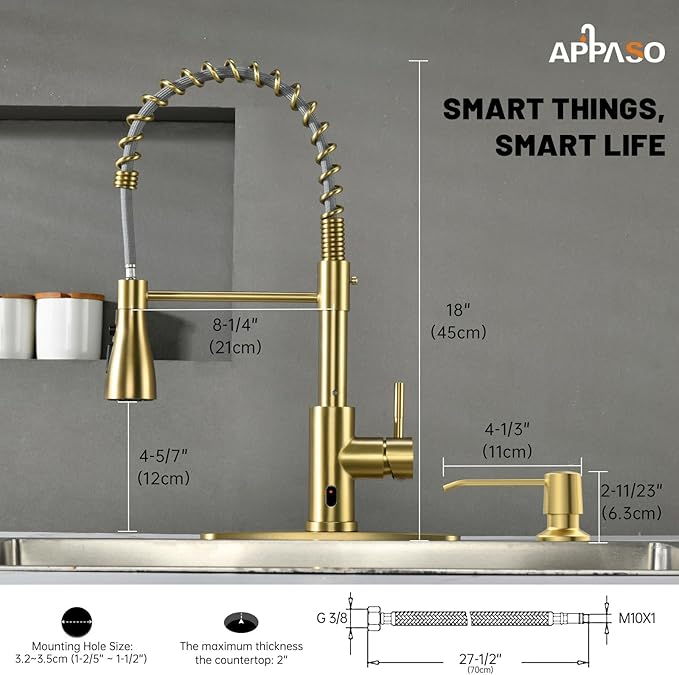 APPASO Brushed Gold Kitchen Faucet Touchless, Touchless Kitchen Faucet with Pull Down Sprayer and Soap Dispenser Gold, Single-Handle Spring Faucet for Kitchen Sink Stainless Steel, Brushed Gold