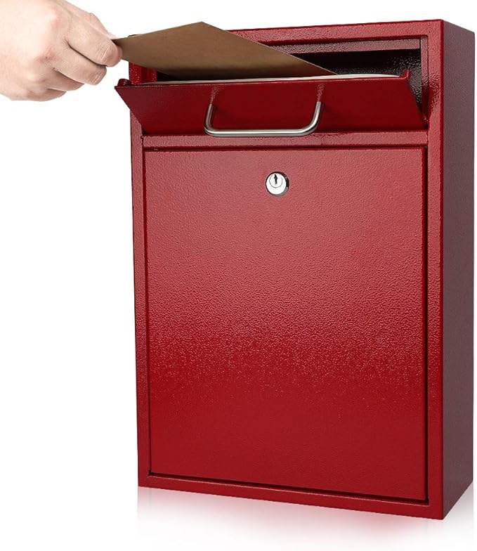 KYODOLED Steel Key Lock Mail Boxes Outdoor, Locking Wall Mount Mailbox, Security Key Drop Box, Collection Boxes,16.2H x 11.22L x 4.72W Inches, Red X Large