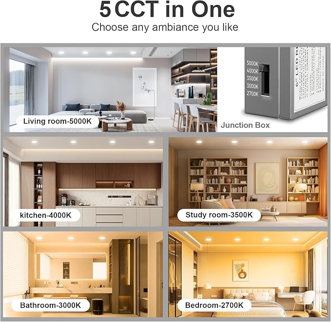 CHARKEE 24 Pack 6 Inch 5CCT Ultra-Thin LED Recessed Ceiling Light with Junction Box, 2700K-5000K, 1050LM High Brightness, Dimmable Canless Wafer Downlight,12W Eqv 110W, ETL & Energy Star & FCC