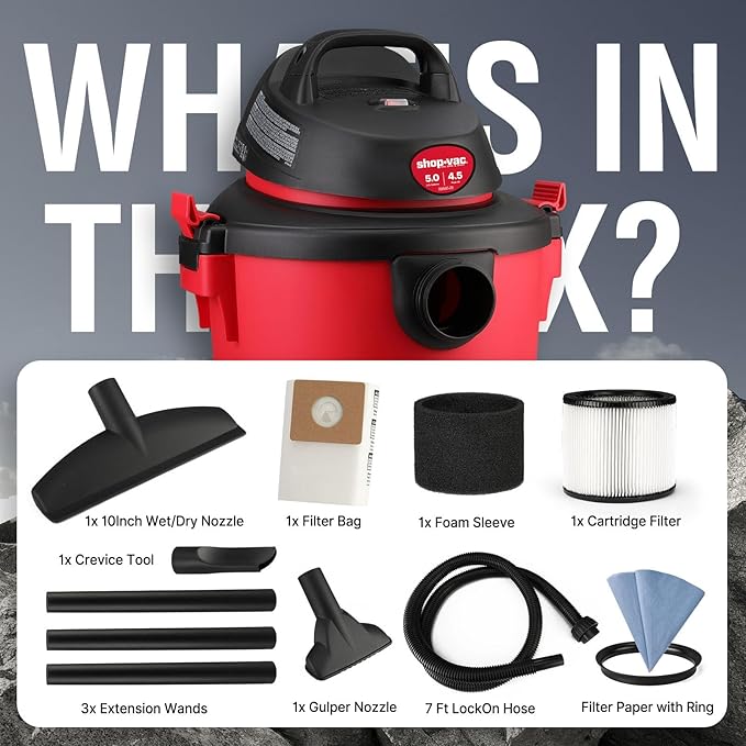 Shop-Vac 5 Gallon 4.5 Peak HP Wet/Dry Vacuum, Portable Heavy-Duty Shop Vacuum 3 in 1 Function with Attachments for House, Garage, Car & Workshop, 5971536