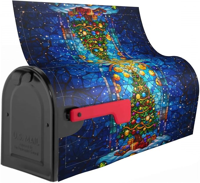 Christmas Tree Mailbox Cover - Stained Glass Blue Winter Design - Magnetic Standard Size 18 x 21 - Holiday Xmas Decorations - Happy New Year Wrap