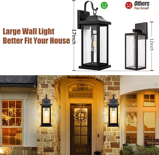 Large Black Outdoor Wall Light 17 Inch, Exterior Light Fixture with IP65 Waterproof Clear Glass, Modern Outside Wall Sconce Porch Light for Front Door Backyard, Wall Mounted Lamp E26 Base