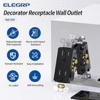 ELEGRP Decorator Wall Receptacle Outlet, Tamper Resistant 15 Amp Standard Electrical Wall Outlet, Residential Grade, Self-grounding, 125V, 2 Pole 3 Wire, 5-15R, UL Listed, Glossy Black, 20 Pack